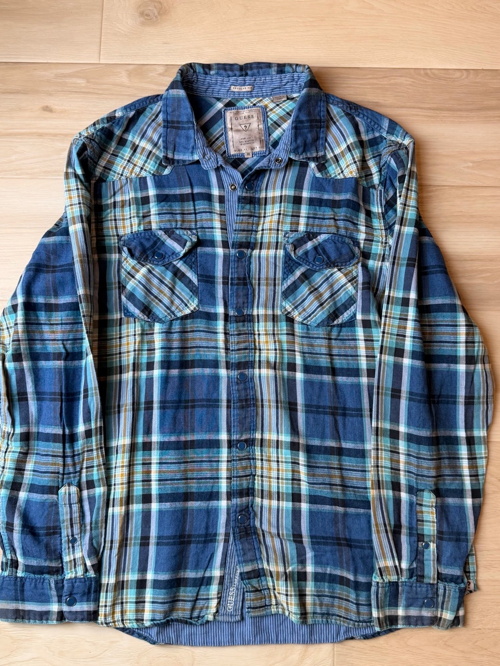 Guess Jeans Men’s Plaid Pearl Snap Western Shirt Blue Chambray Lining XL